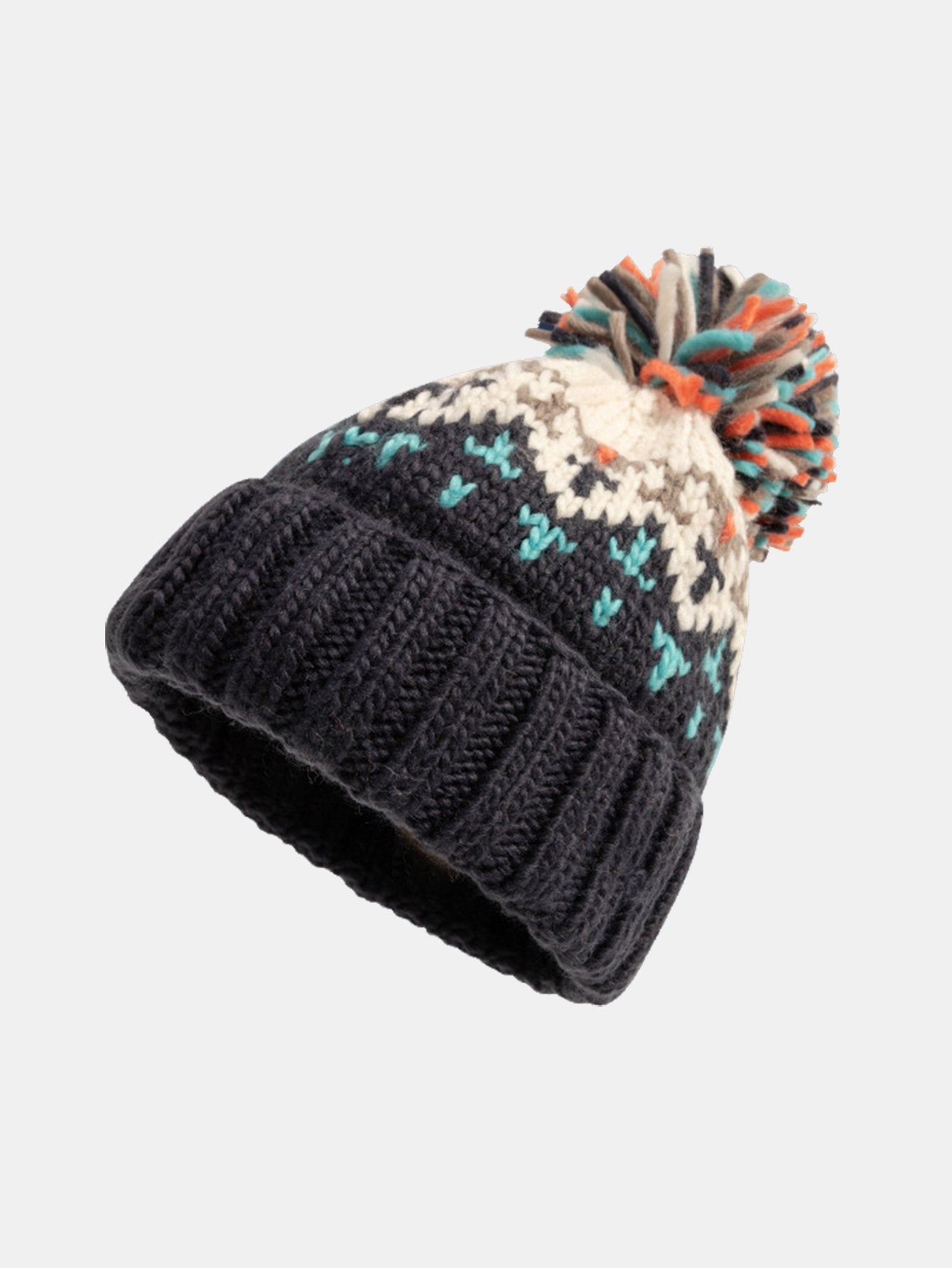 Geometric Pattern Knit Beanie Hat With Pom Pom