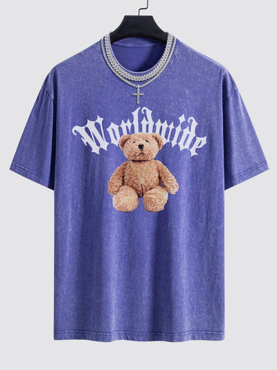 Bear Print Washed Drop Shoulder Oversize T-Shirt