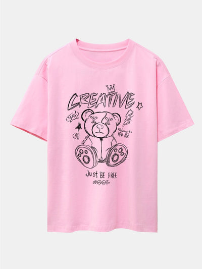 Graffiti Bear Print Drop Shoulder Oversize T-Shirt