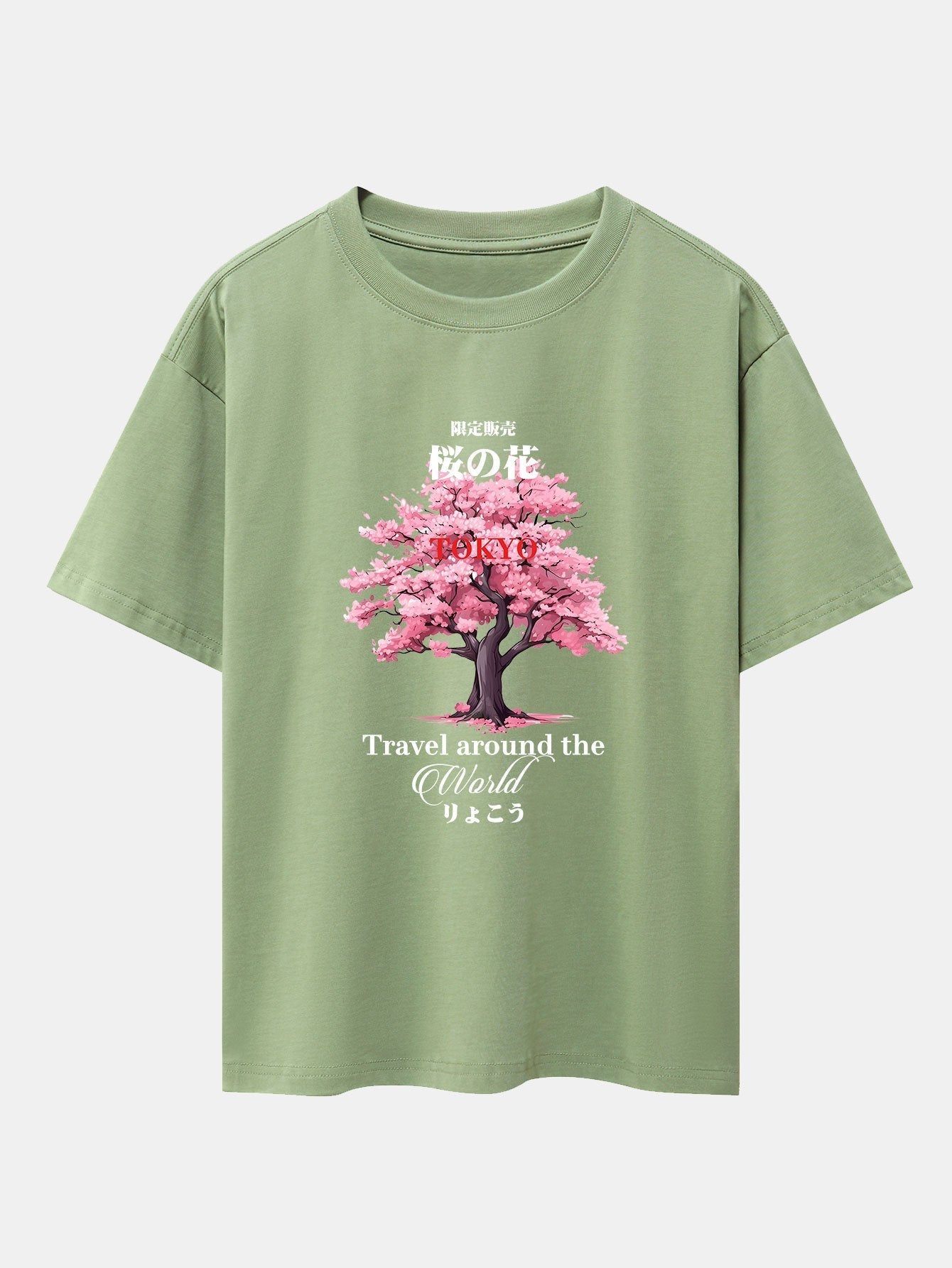 Tokyo Cherry Blossoms Print Drop Shoulder Oversize T-Shirt