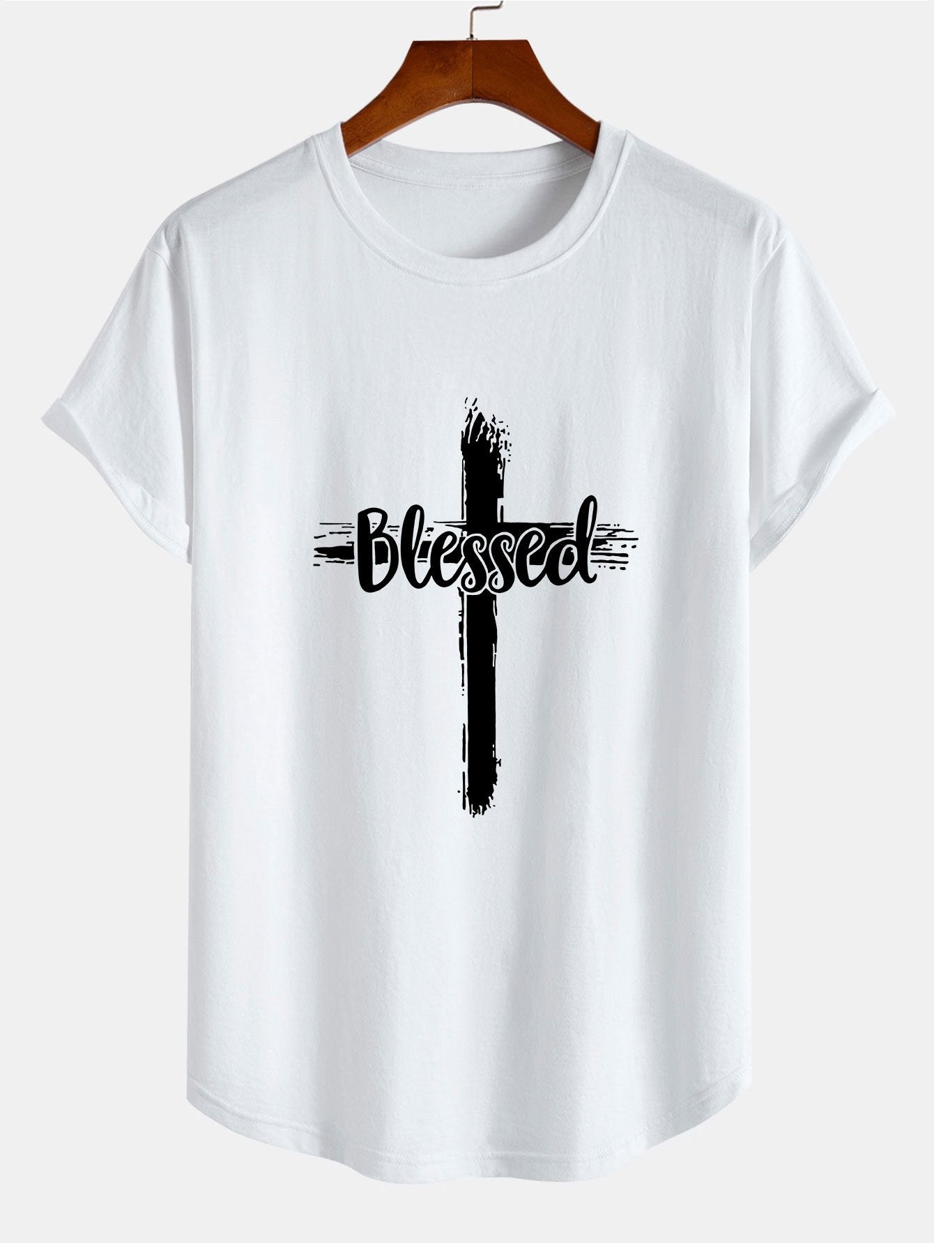 Blessed Cross Print Cotton Arc Hem T-Shirt