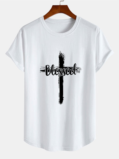 Blessed Cross Print Cotton Arc Hem T-Shirt