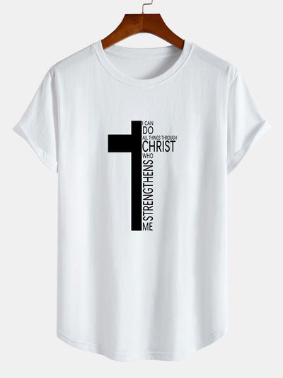Cross Slogan Print Cotton Arc Hem T-Shirt