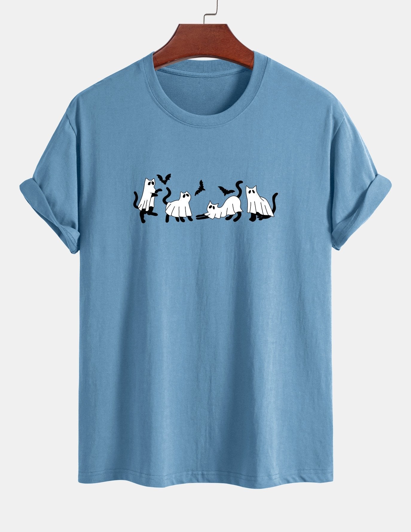 Regular Fit Black Cat Ghost Print Cotton T-Shirt