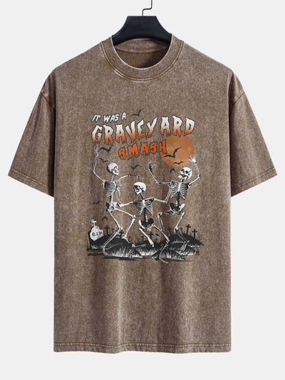 Halloween Dancing Skeleton Print Washed Distressed Drop Shoulder T-Shirt