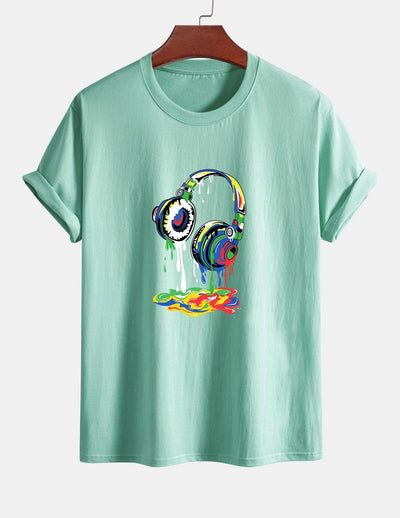 Regular Fit Dissolving Headphones Print Cotton T-Shirt