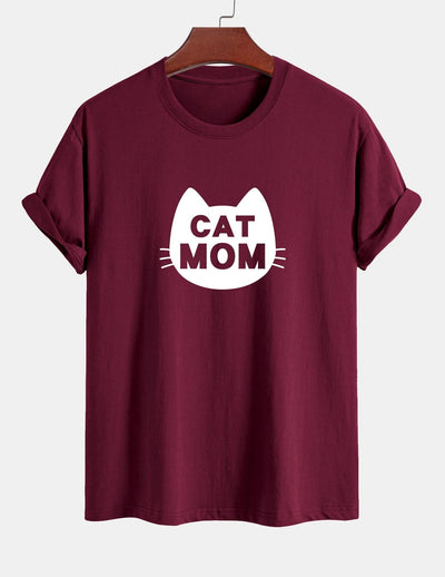 Regular Fit Cat Mom Print Cotton T-Shirt
