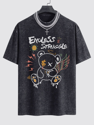 Graffiti Bear Print Washed Drop Shoulder Oversize T-Shirt