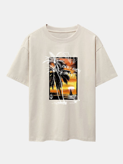 Vacation Sunset Palm Trees Print Drop Shoulder Oversize T-Shirt