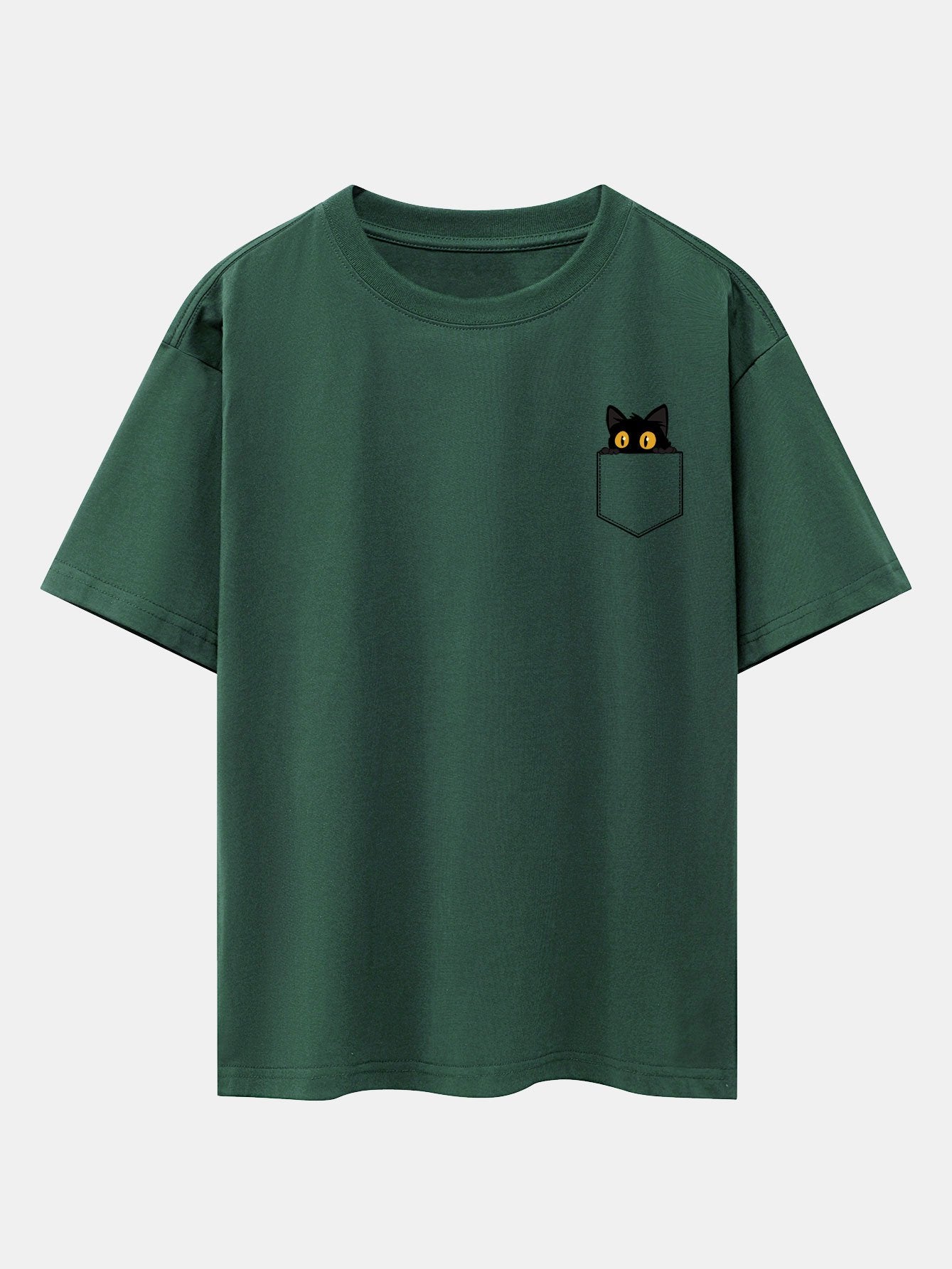 Pocket Black Cat Print Drop Shoulder Oversize T-Shirt