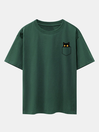 Pocket Black Cat Print Drop Shoulder Oversize T-Shirt