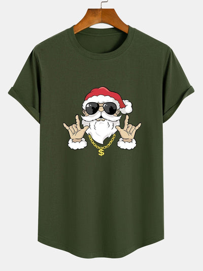 Hip Hop Santa Print Cotton Arc Hem T-Shirt