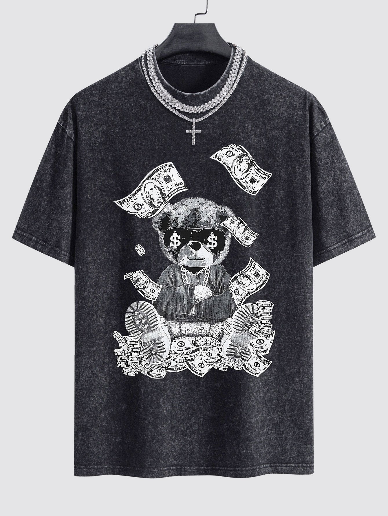 Money Bear Print Washed Drop Shoulder Oversize T-Shirt