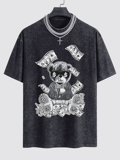 Money Bear Print Washed Drop Shoulder Oversize T-Shirt