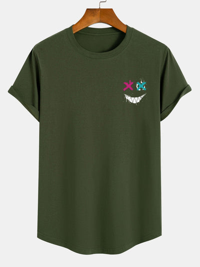 Evil Face Print Cotton Arc Hem T-Shirt