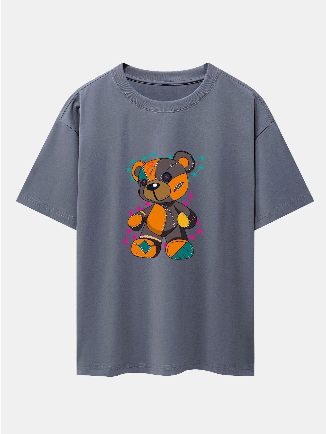 Tattered Bear Print Drop Shoulder Oversize T-Shirt