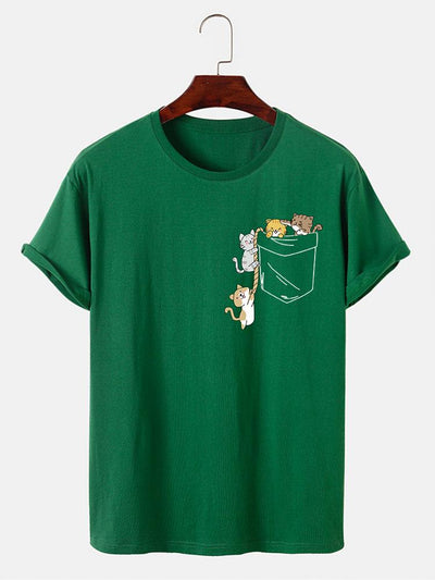 Cute Pocket Cat Print T-Shirt