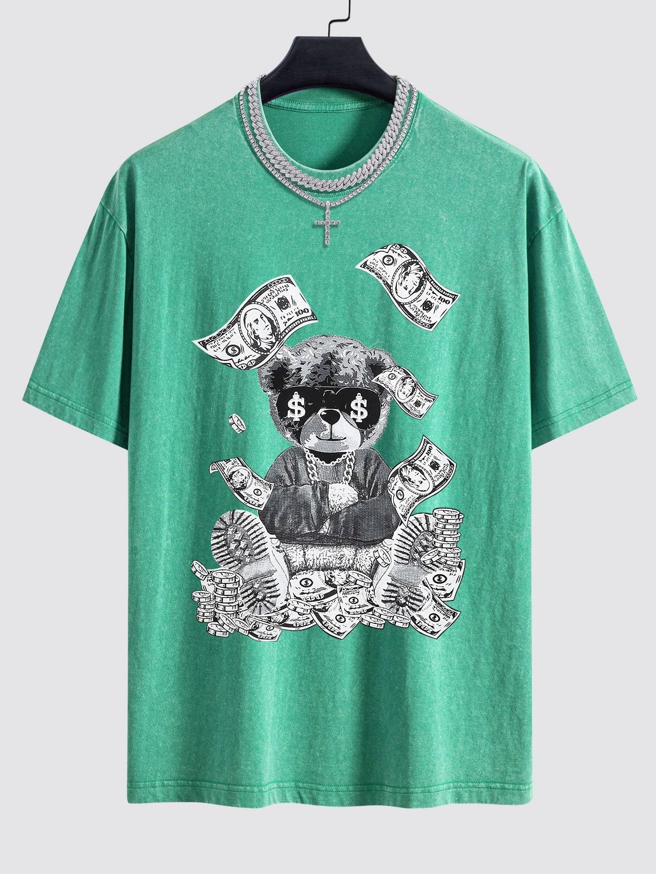 Money Bear Print Washed Drop Shoulder Oversize T-Shirt