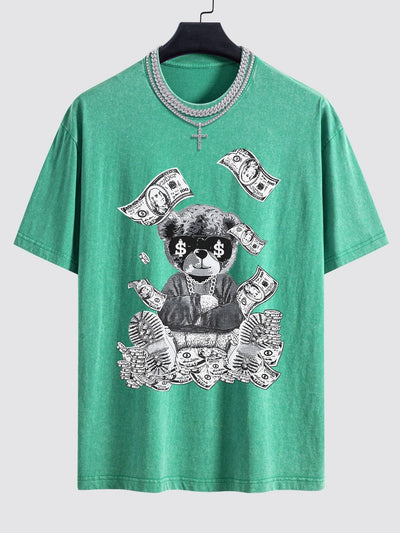 Money Bear Print Washed Drop Shoulder Oversize T-Shirt