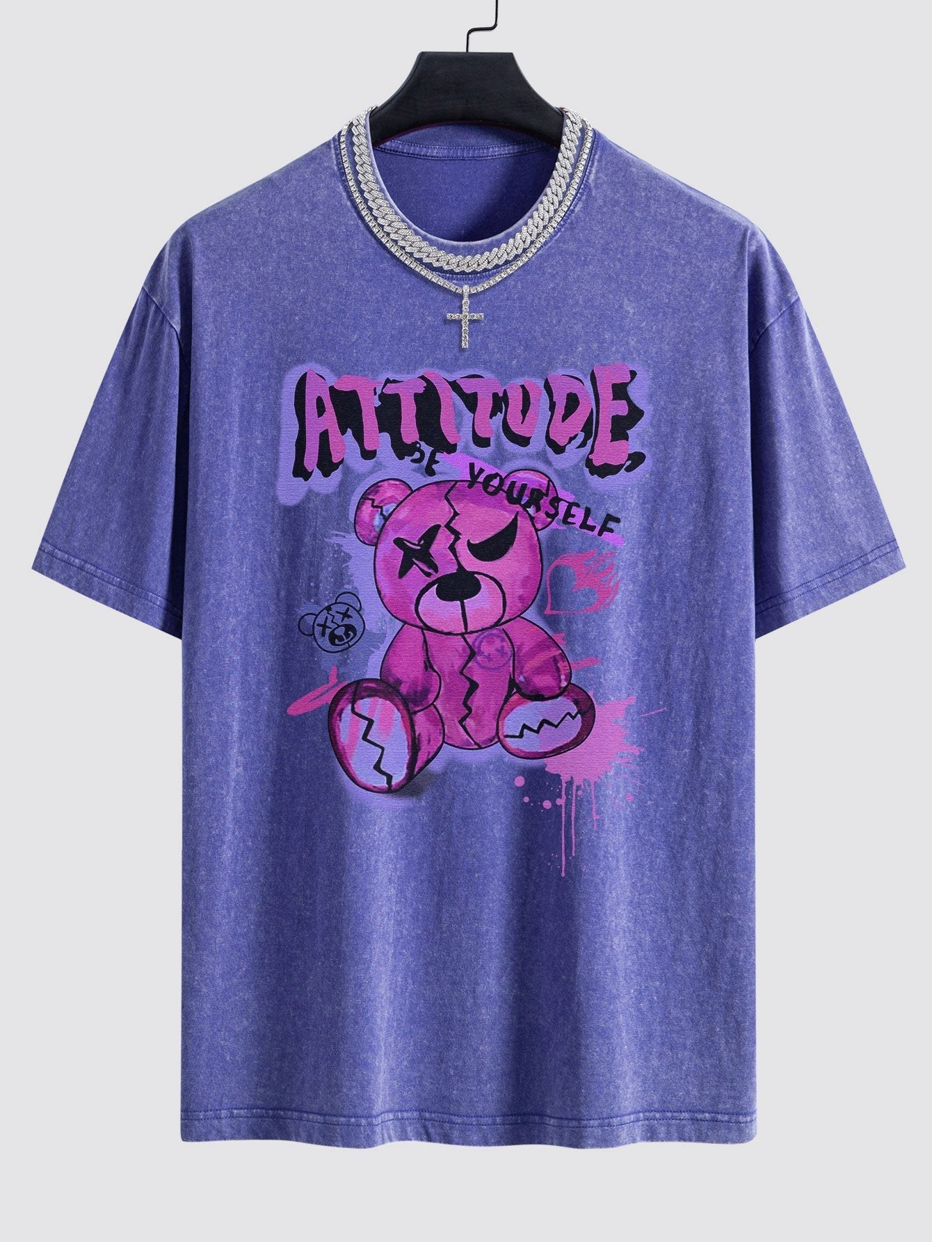 Slogan Violent Bear Print Washed Drop Shoulder Oversize T-Shirt