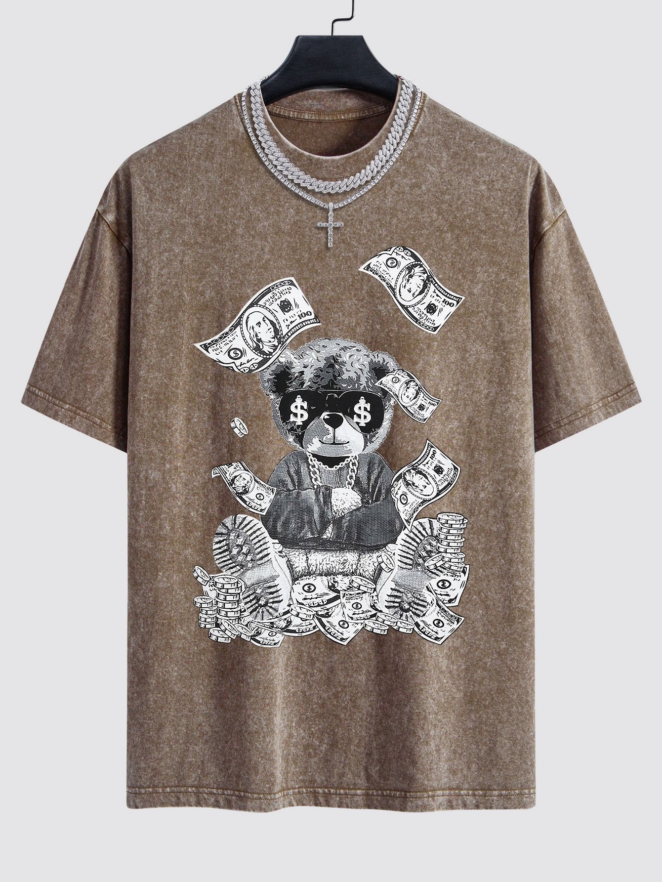 Money Bear Print Washed Drop Shoulder Oversize T-Shirt