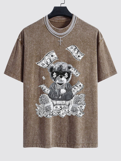Money Bear Print Washed Drop Shoulder Oversize T-Shirt