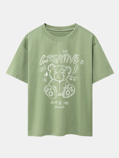 Graffiti Bear Print Drop Shoulder Oversize T-Shirt