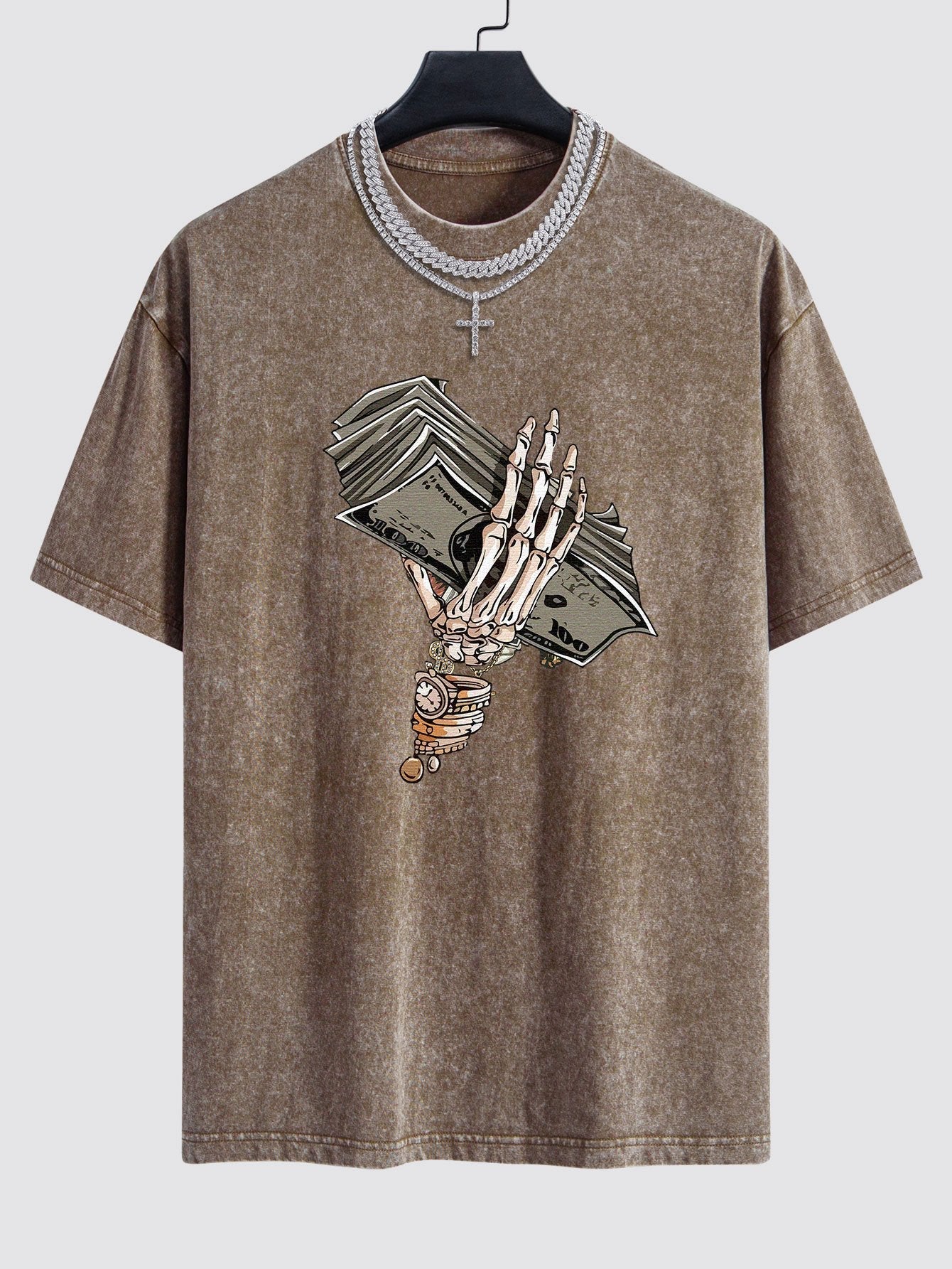 Skeleton Holding Cash Print Washed Drop Shoulder Oversize T-Shirt