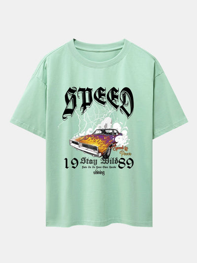 Lightning Speed Car Print Drop Shoulder Oversize T-Shirt
