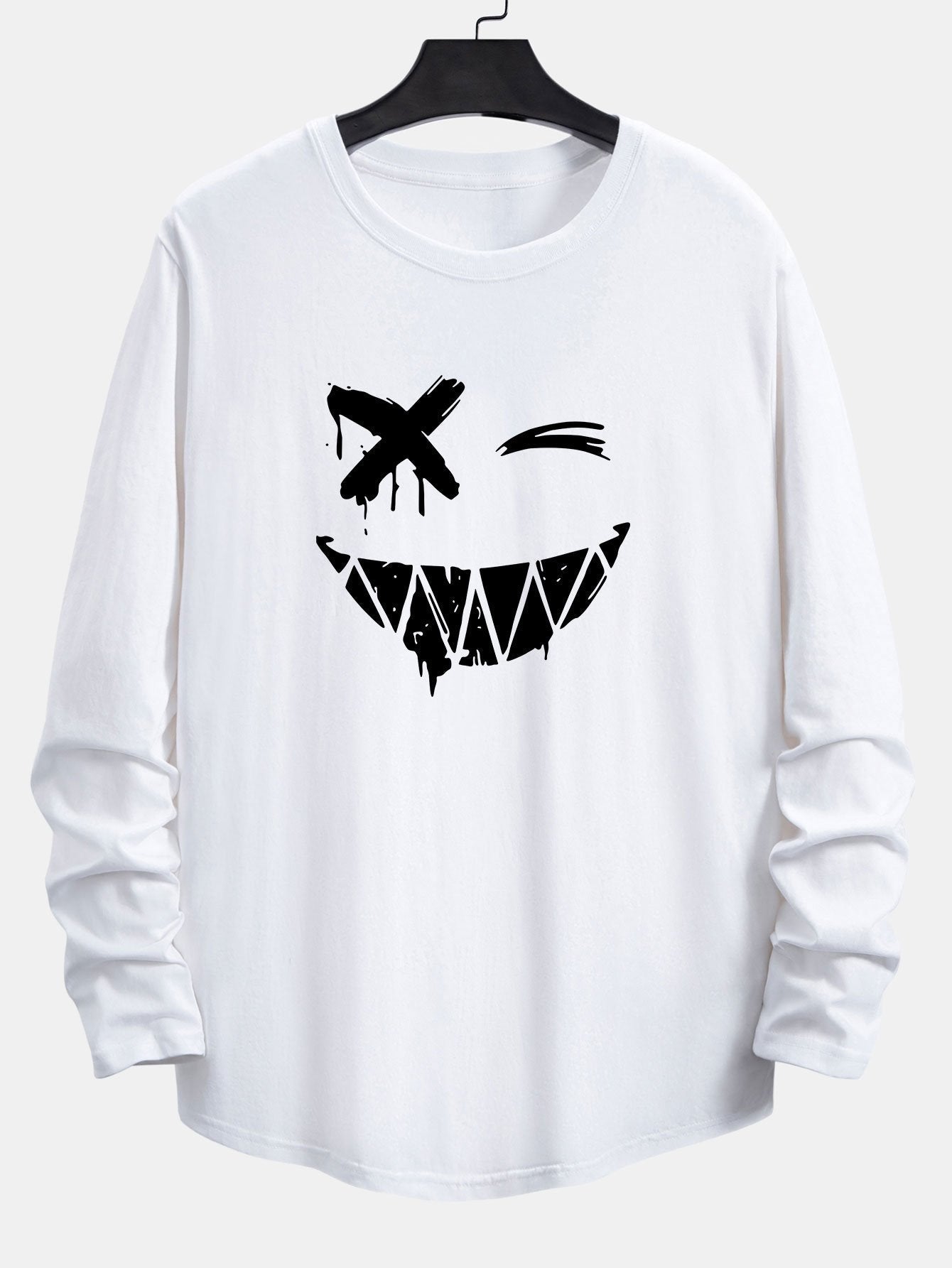 Long Sleeve Graffiti Smiley Face Print Cotton Arc Hem T-Shirt