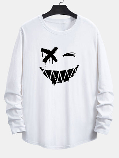 Long Sleeve Graffiti Smiley Face Print Cotton Arc Hem T-Shirt
