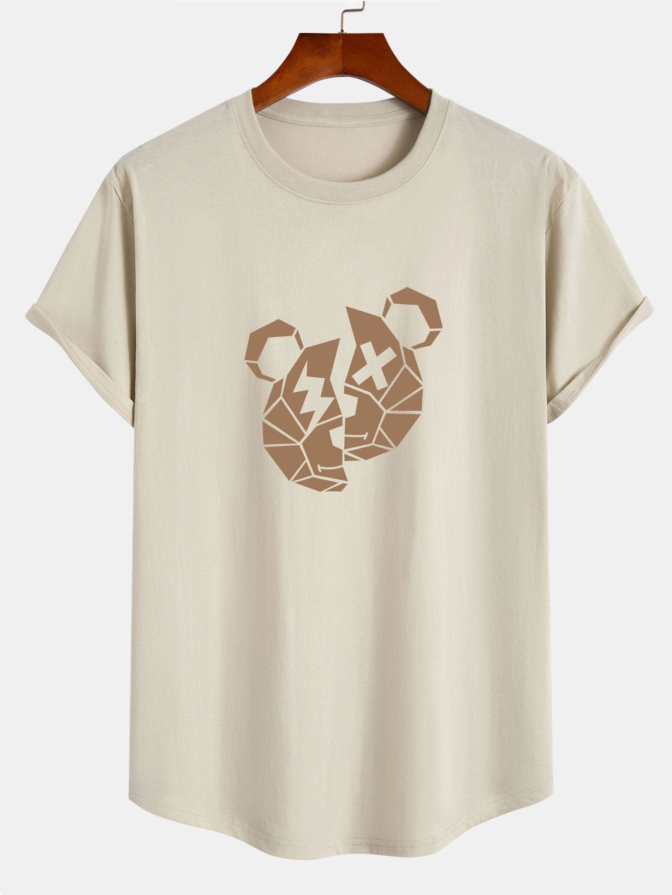 Geometric Bear Print Cotton Arc Hem T-Shirt
