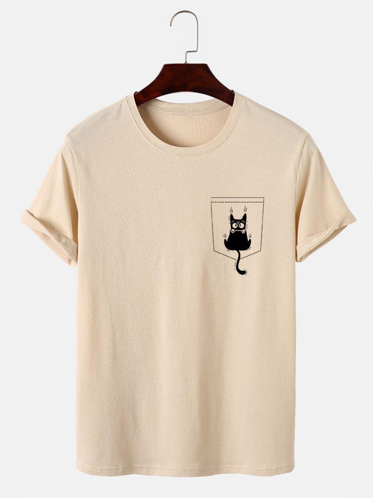 Cat Slipping Out Of Pocket Print T-Shirt