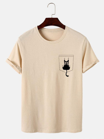 Cat Slipping Out Of Pocket Print T-Shirt