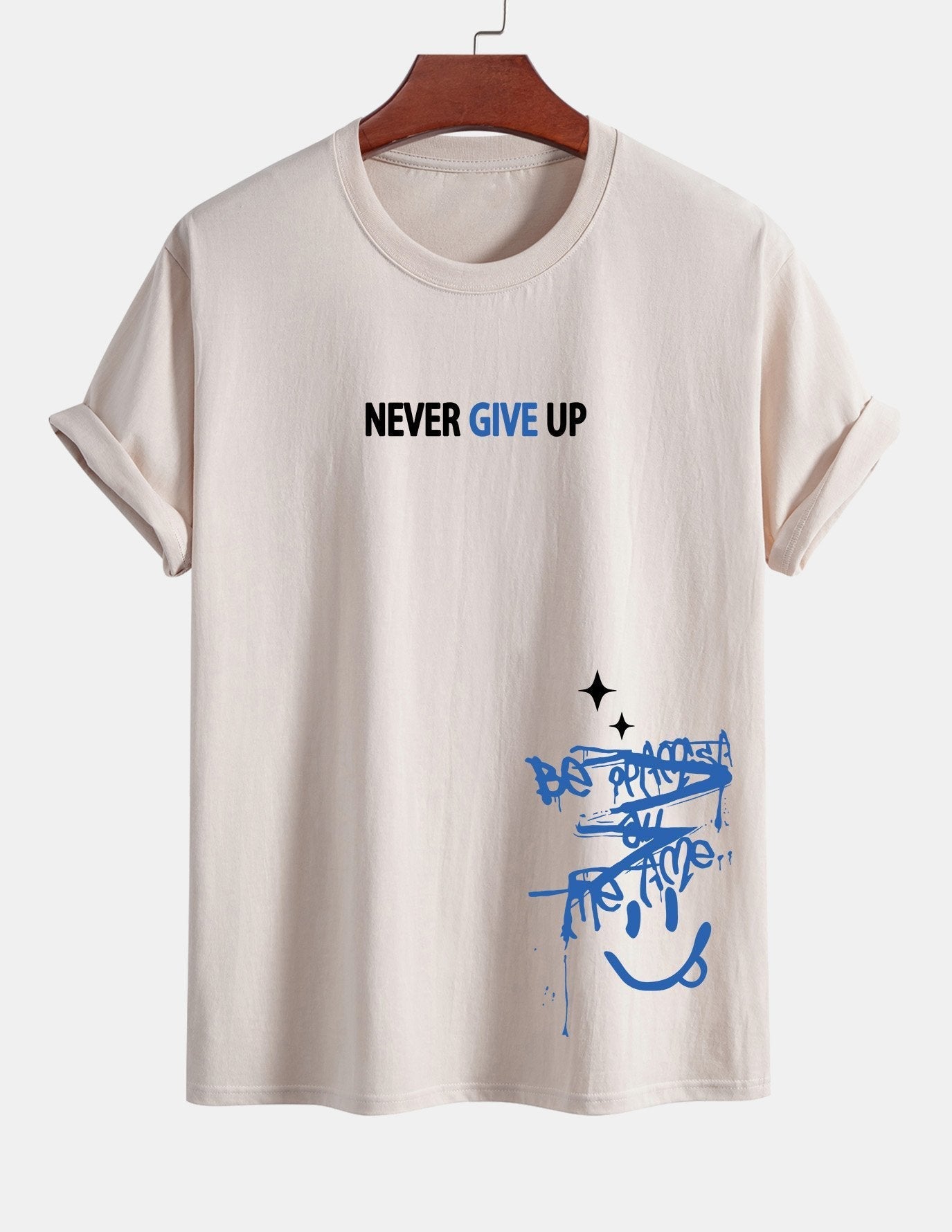 Regular Fit Never Give Up Smiley Face Print Cotton T-Shirt