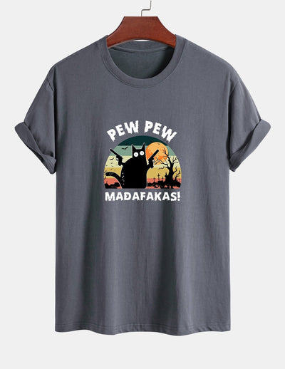 Regular Fit PEW PEW MADAFAKAS Black Cat Print Cotton T-Shirt