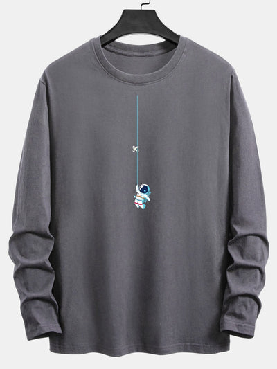 Long Sleeve Astronaut On A Rope Print Cotton T-Shirt