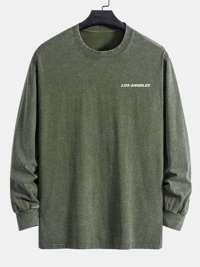 Los Angeles Print Relax Fit Long Sleeve Washed Distressed T-Shirt