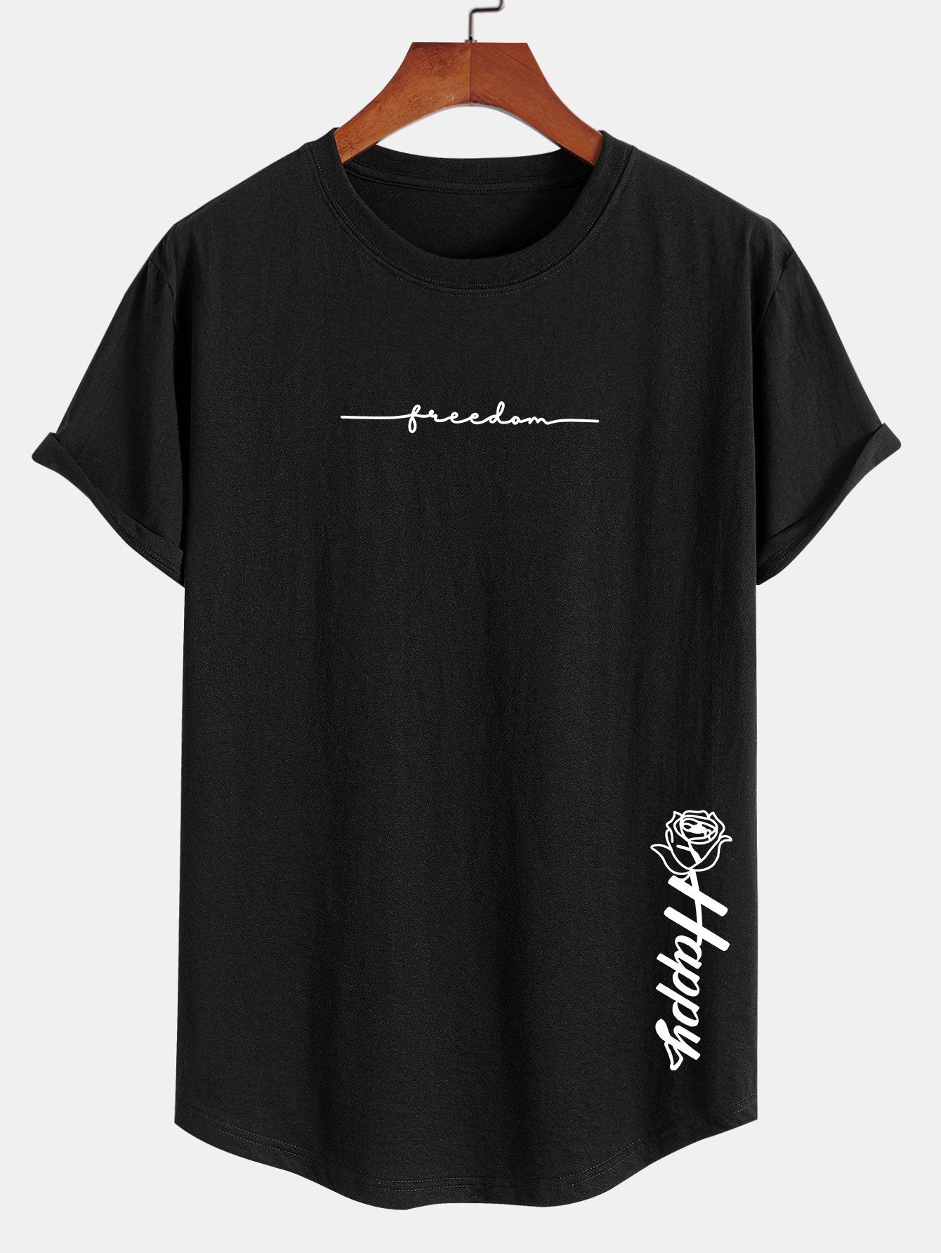Rose With Slogan Print Cotton Arc Hem T-Shirt