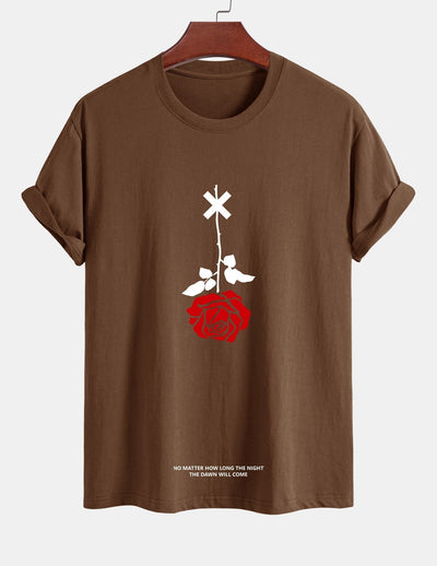 Regular Fit Inverted Rose Slogan Print Cotton T-Shirt
