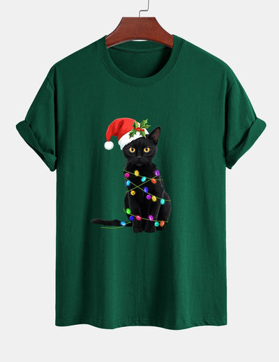 Regular Fit Christmas Lights Cat Print Cotton T-Shirt