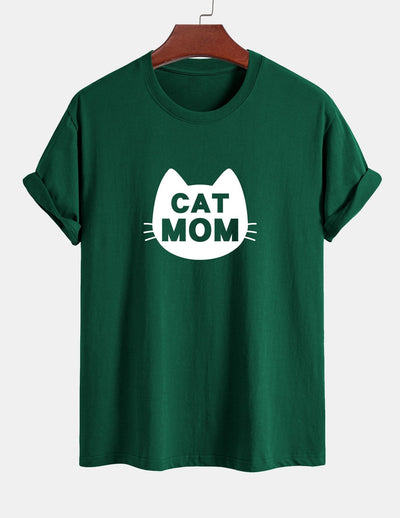 Regular Fit Cat Mom Print Cotton T-Shirt