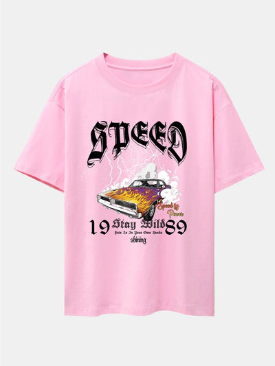 Lightning Speed Car Print Drop Shoulder Oversize T-Shirt