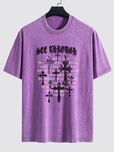 Cross Slogan Print Washed Distressed Drop Shoulder T-Shirt