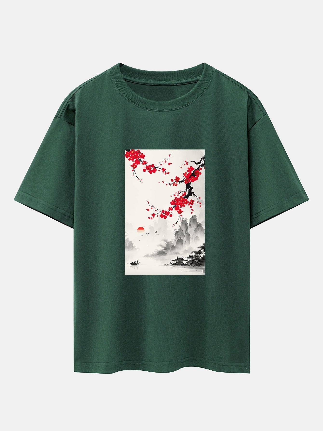 Flower Ink Landscape Print Drop Shoulder Oversize T-Shirt