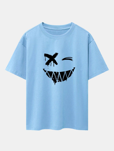 Dissolved Smiley Face Print Drop Shoulder Oversize T-Shirt