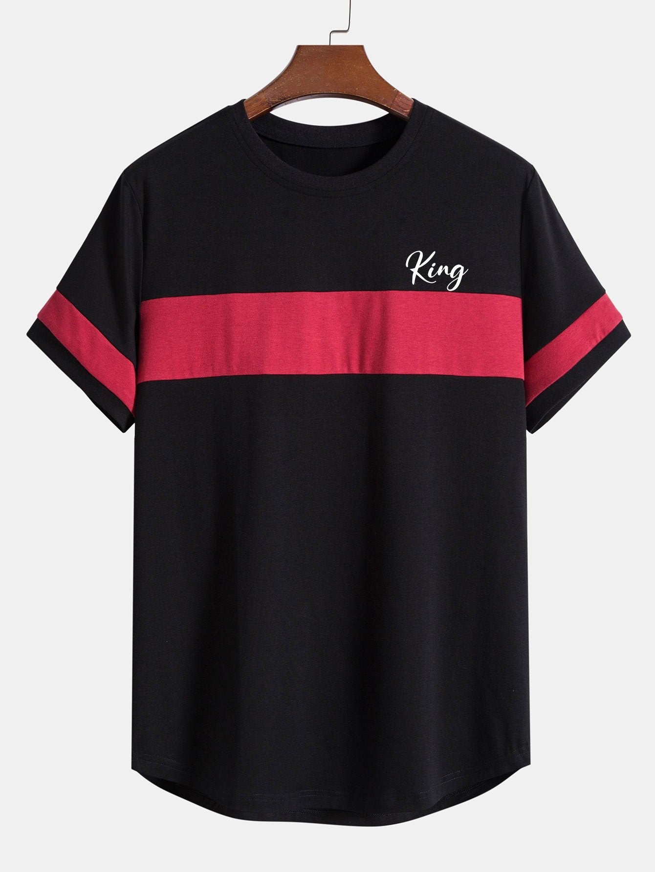 King Print Color Block Patchwork Arc Hem T-Shirt