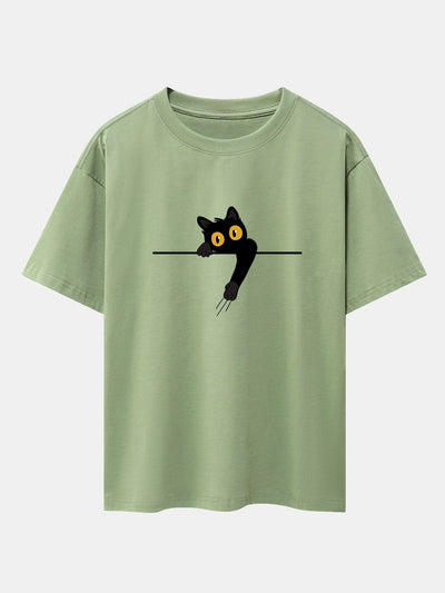 Black Cat Print Drop Shoulder Oversize T-Shirt