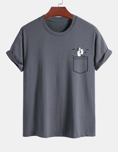 Regular Fit Pocket Bat Ghost Print Cotton T-Shirt