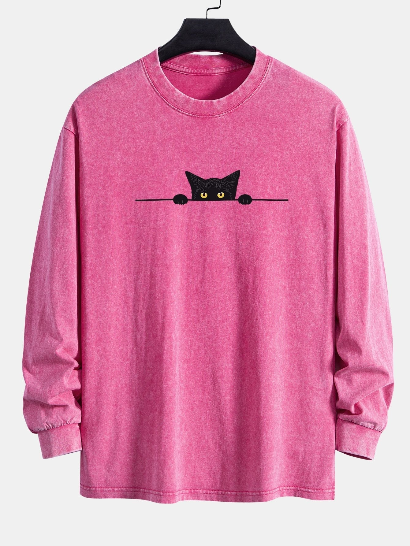 Black Cat Print Relax Fit Long Sleeve Washed Distressed T-Shirt